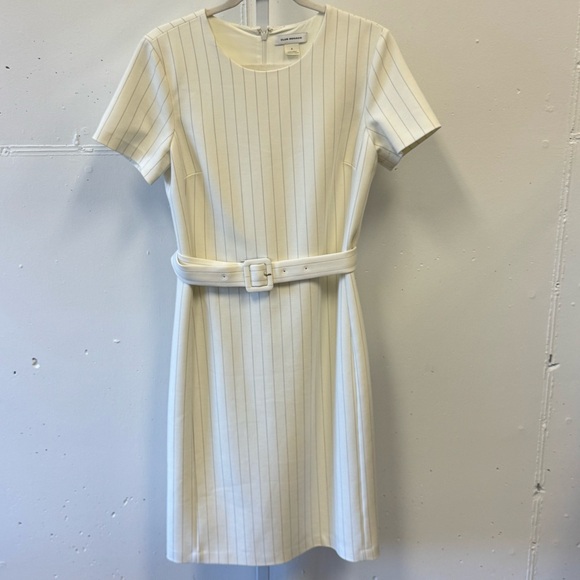Club Monaco Belted Tailored Knee Length Classic Midi Dress White Striped Sz 6 - Picture 1 of 14